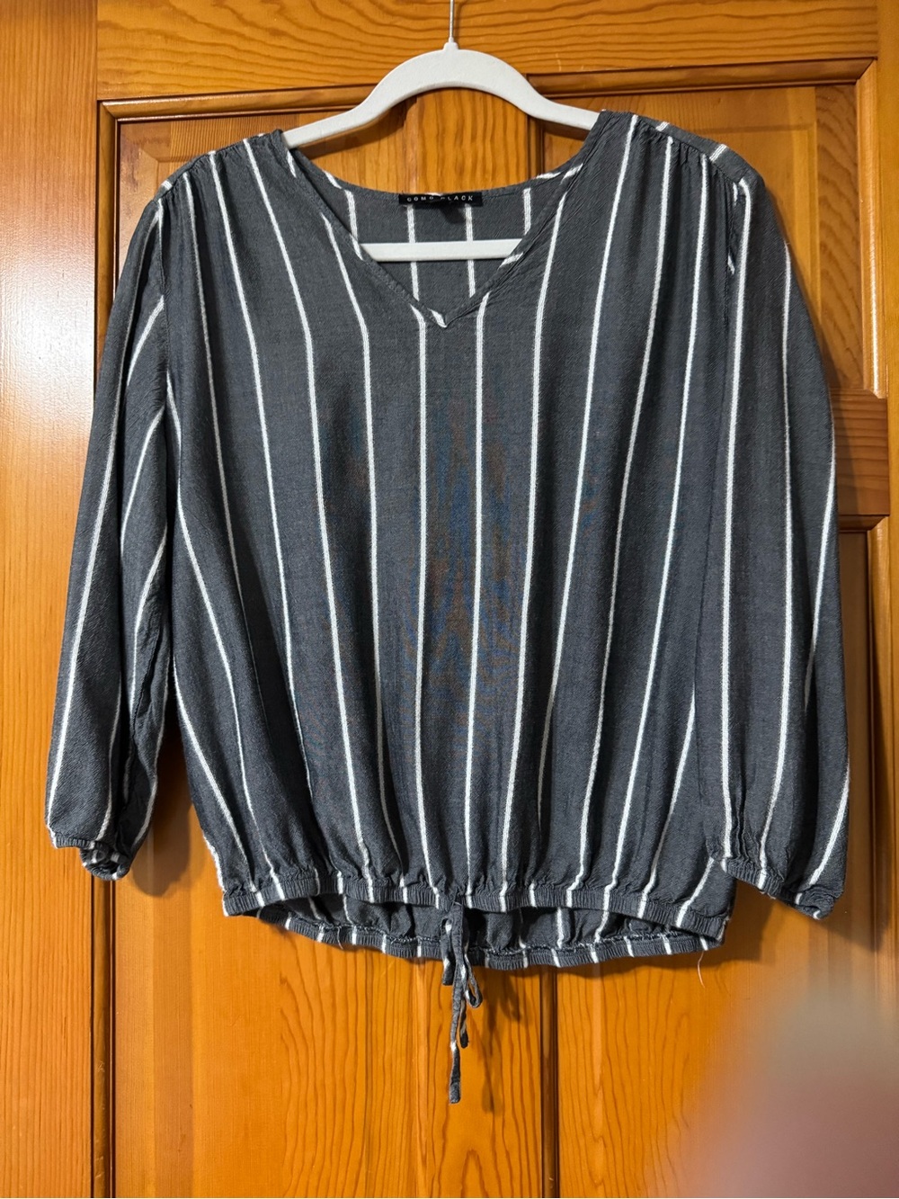 Striped V-Neck Drawstring Blouse - Charcoal & White
